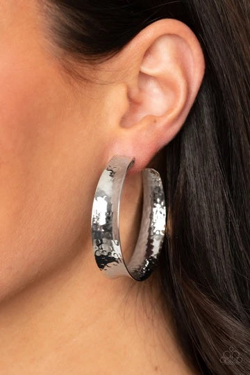 Fearlessly Flared Silver Hoop Earring ~ Paparazzi Accessories